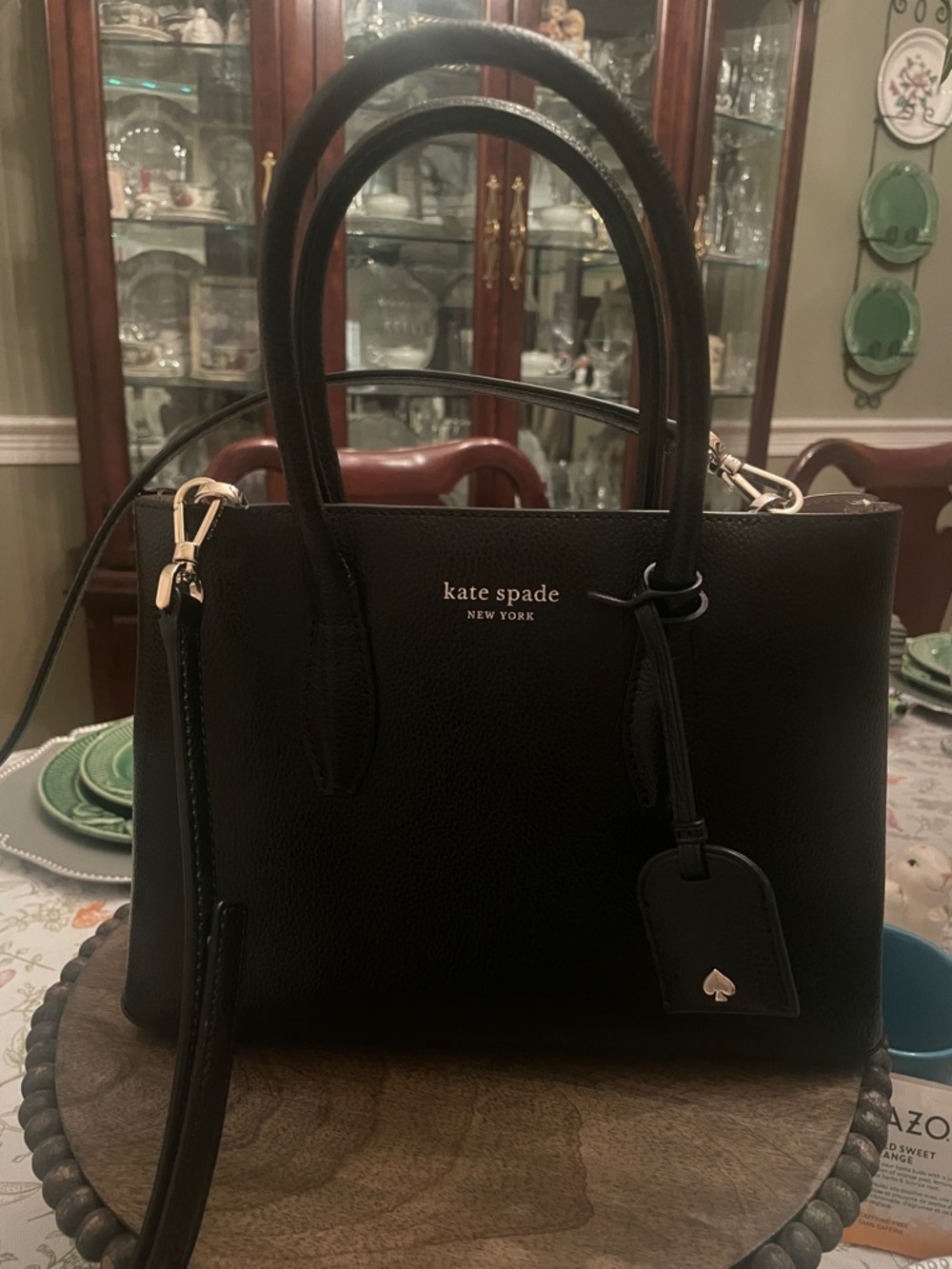 Kate Spade Black Leather Eva Satchel Crossbody Purse, Bag Charm